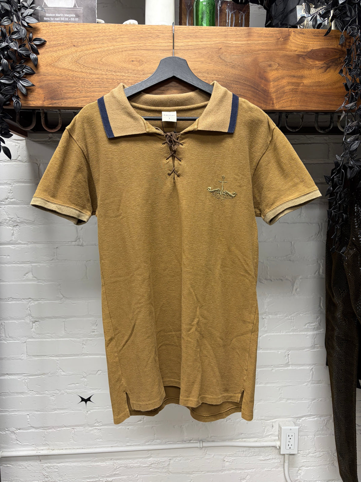 Kapital ‘Sailor’ Embroidered Crest Logo Lace-Up Brown Cotton Polo