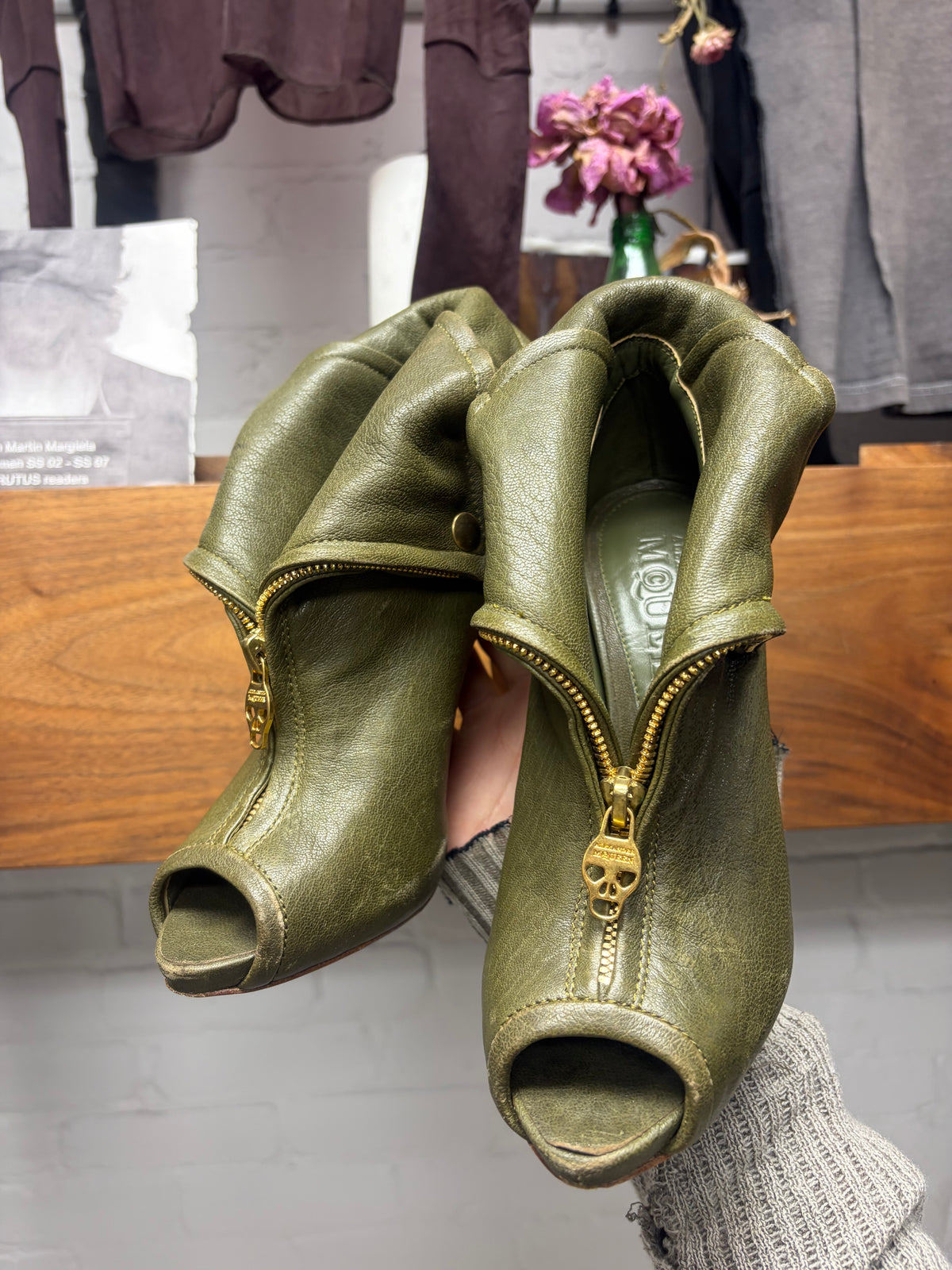 2012 Alexander McQueen ‘Faithful’ Green/Gold Leather ‘Biker Jacket’ Heels