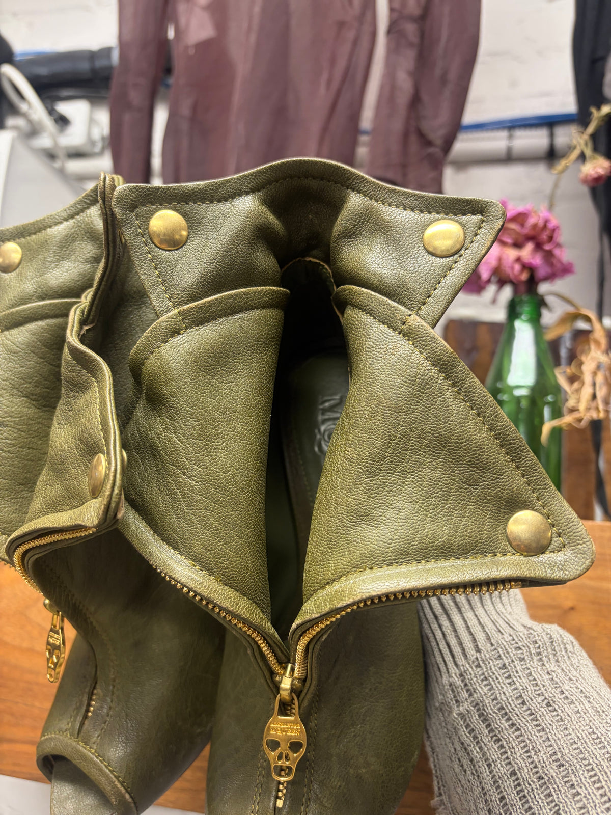 2012 Alexander McQueen ‘Faithful’ Green/Gold Leather ‘Biker Jacket’ Heels