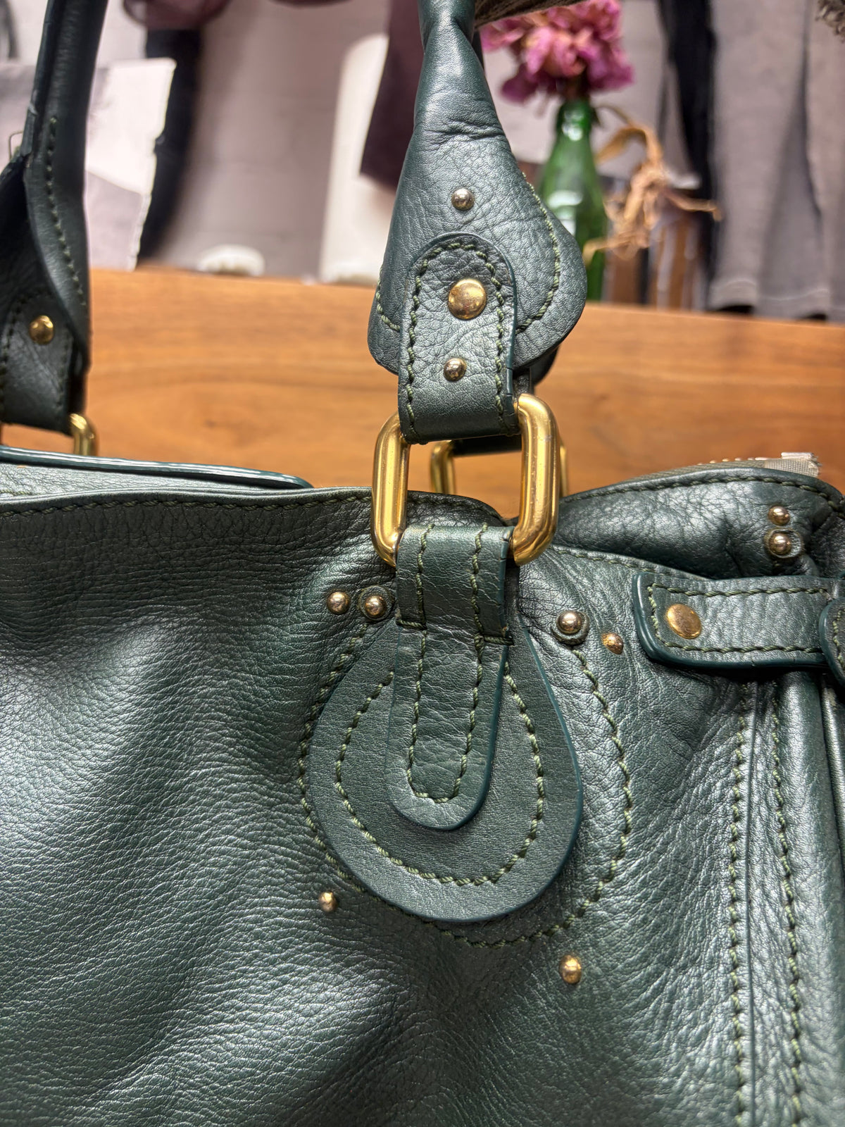 Chloe Dark Green Leather ‘Paddington’ Bag with Gold Hardware
