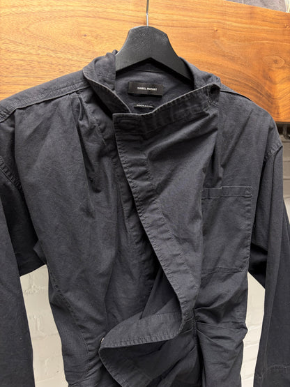 Isabel Marant Asymmetric Wrapped  Black Cinched Cotton High-Neck Jacket