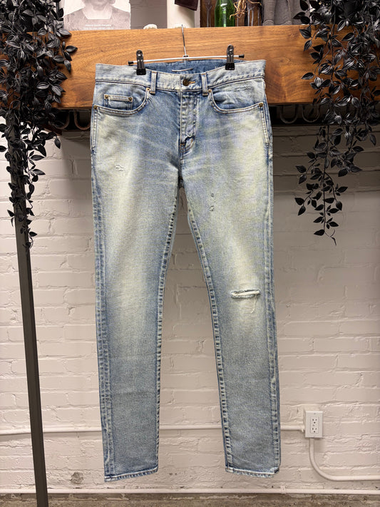 2021 Saint Laurent ‘D02’ Washed Blue Distressed Skinny Jeans