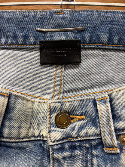 2021 Saint Laurent ‘D02’ Washed Blue Distressed Skinny Jeans