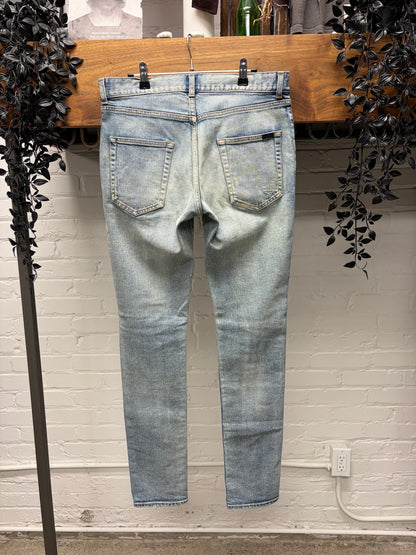 2021 Saint Laurent ‘D02’ Washed Blue Distressed Skinny Jeans