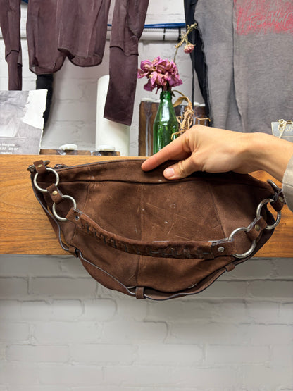 Yves Saint Laurent Rive Gauche Brown Suede ‘Crescent Shaped’ Hobo Shoulder Bag