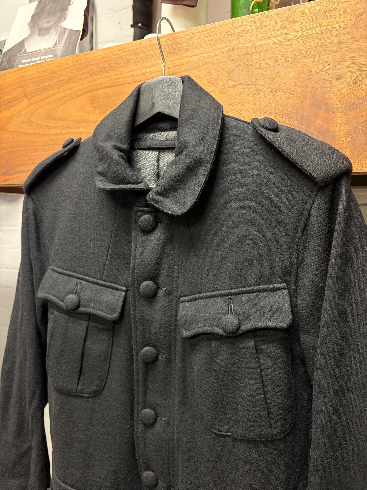 2000s Mihara Yasuhiro Black Wool Military Inspired Coat with Shoulder Epaulettes