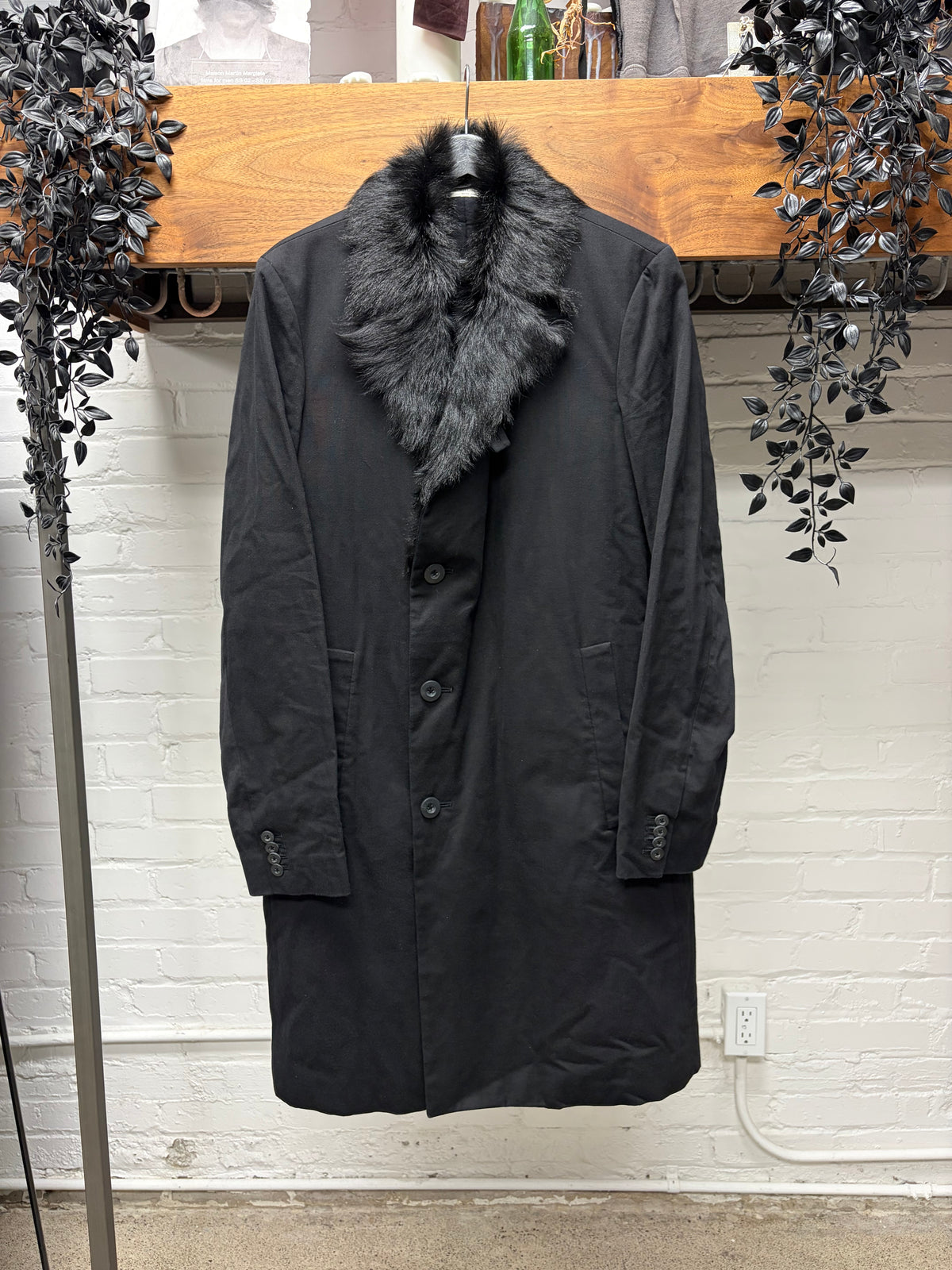 Helmut Lang Wool Double Breasted Coat with Sheep Fur Collar