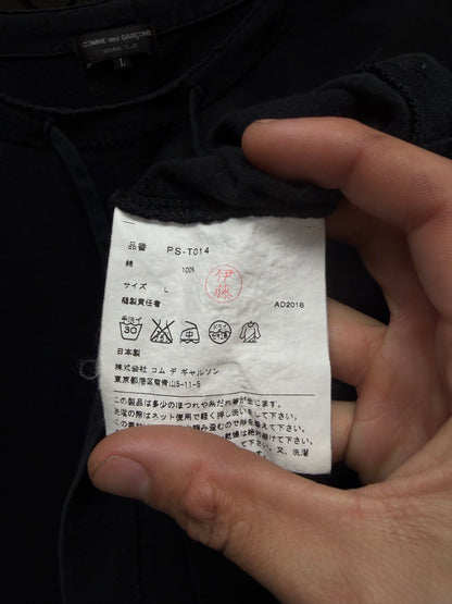 2016 Comme Des Garcons Homme Plus Distressed Black Cotton T-Shirt with Drawstring Collar