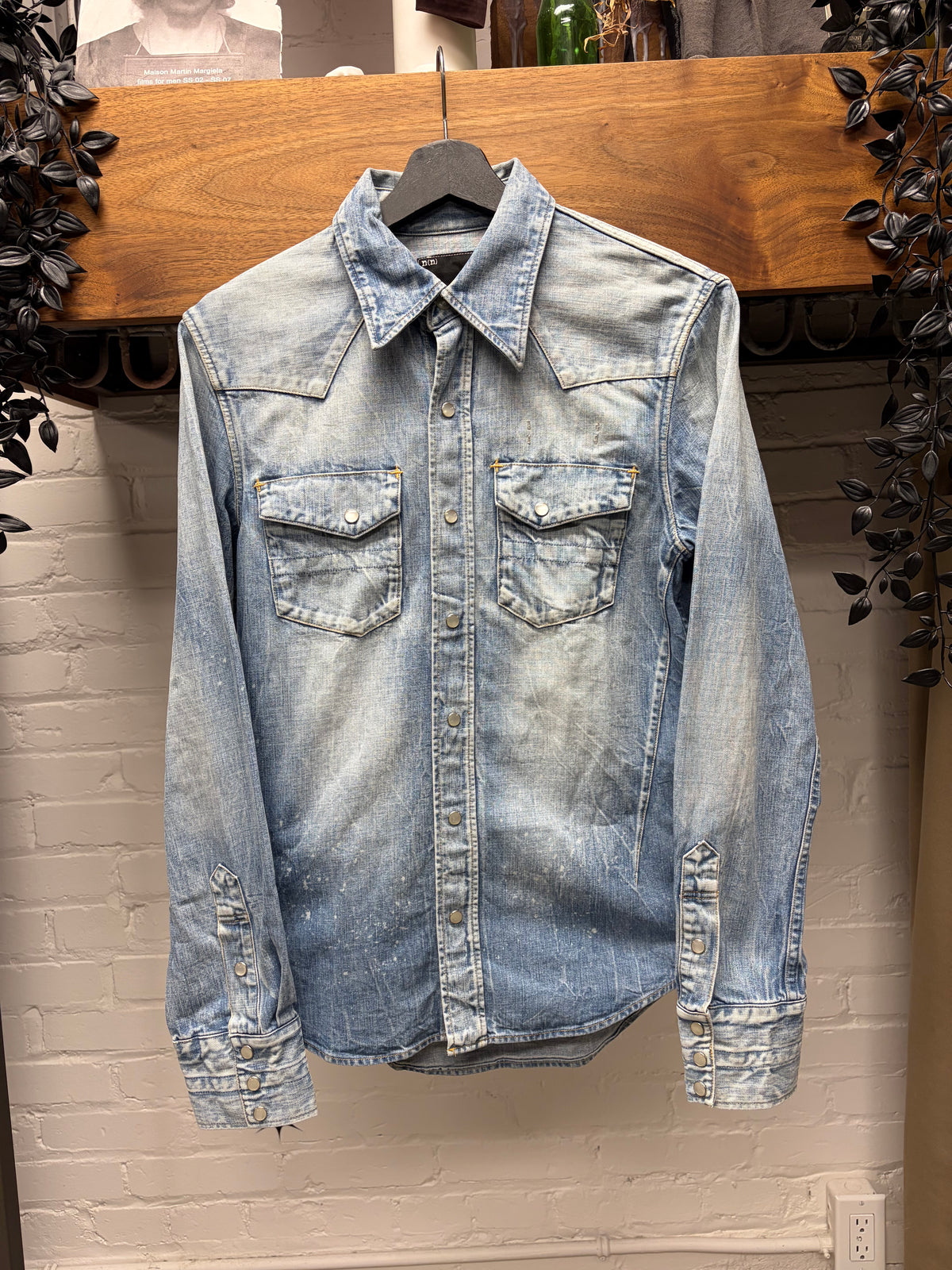 Number (N)ine Washed Blue Pearl Button Snap Denim Shirt