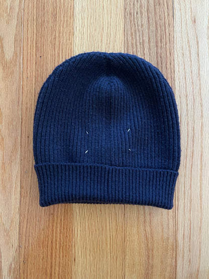Maison Margiela Navy Blue Wool Knit Ribbed Beanie
