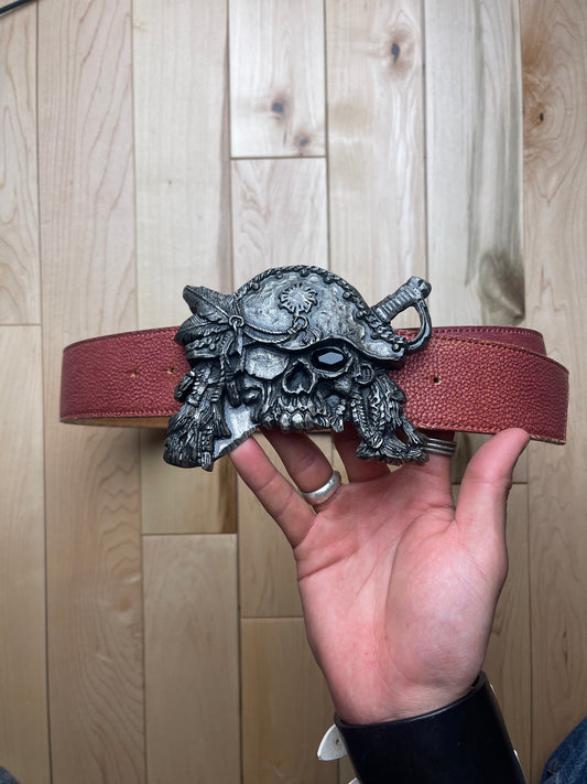 Tornado Mart Skull Buckle Red Leather Belt