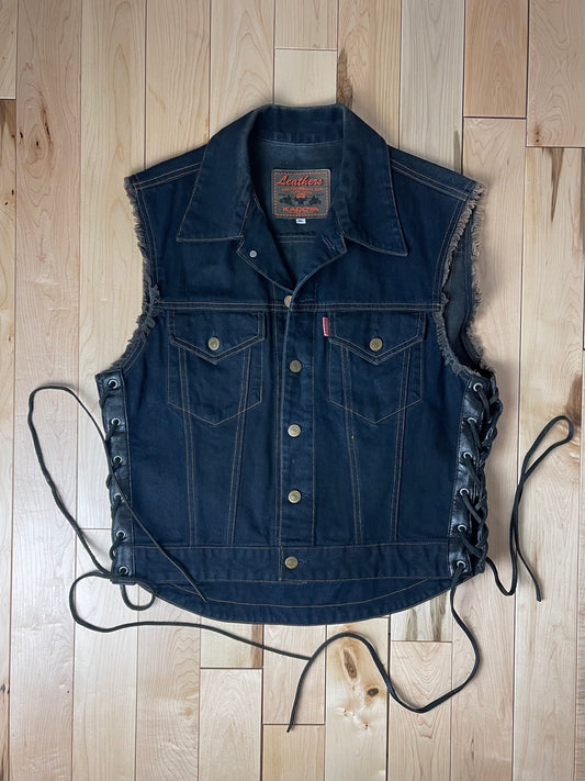 Kadoya Leather Tasselled Raw Blue Biker Denim Vest